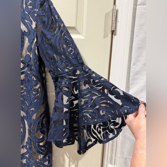 MSK Navy Blue Patterned bell Sleeve Dress with nude lining - Picture 4 of 9